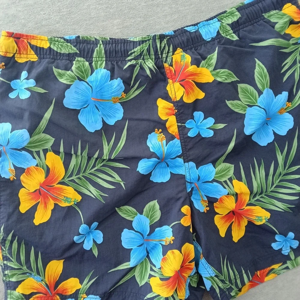 Nautica Mens XL Swim Trunks Navy Blue Tropical Hibiscus Floral Mesh Lined
